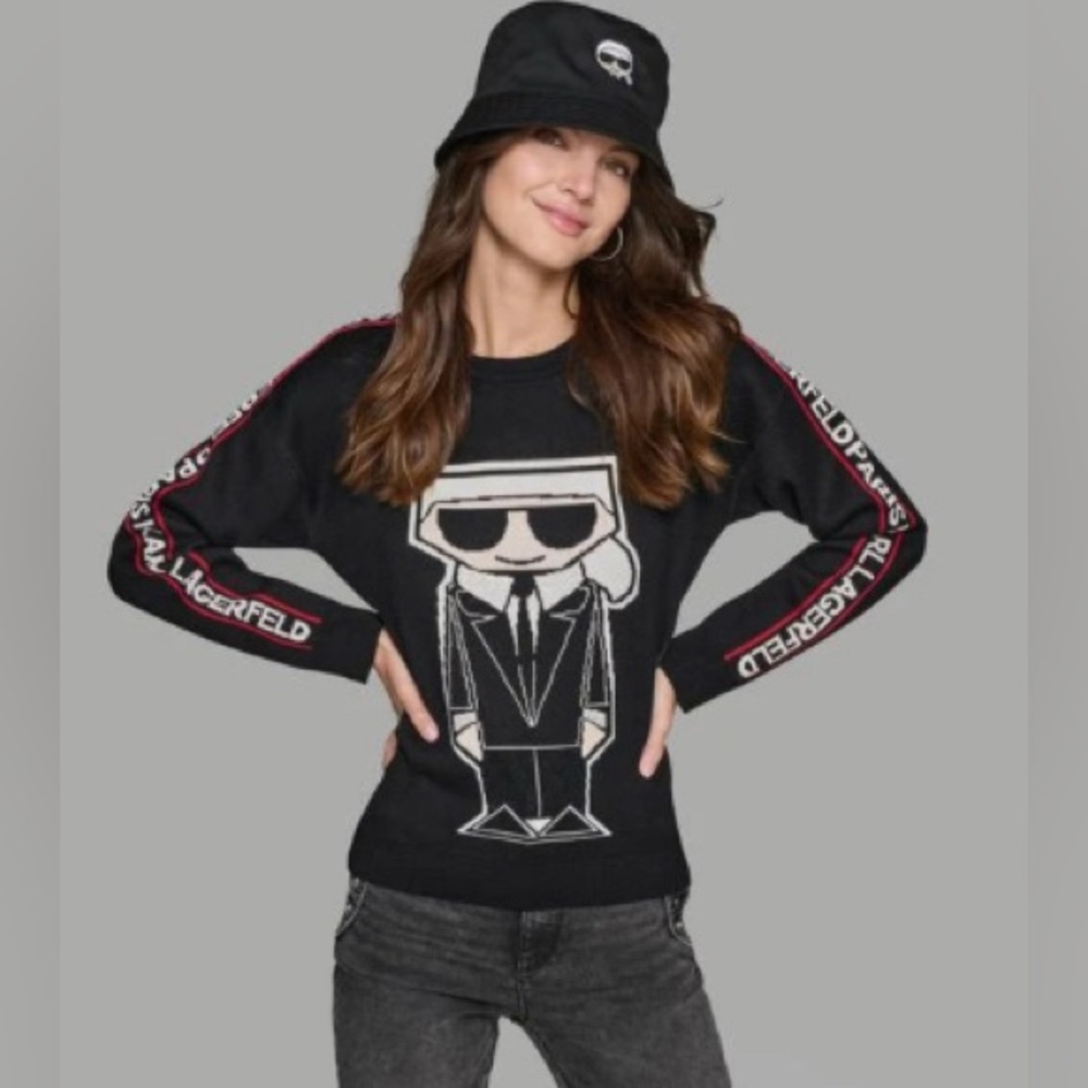 Karl Lagerfeld Black and Red Graphic Crew Neck Unisex Sweater